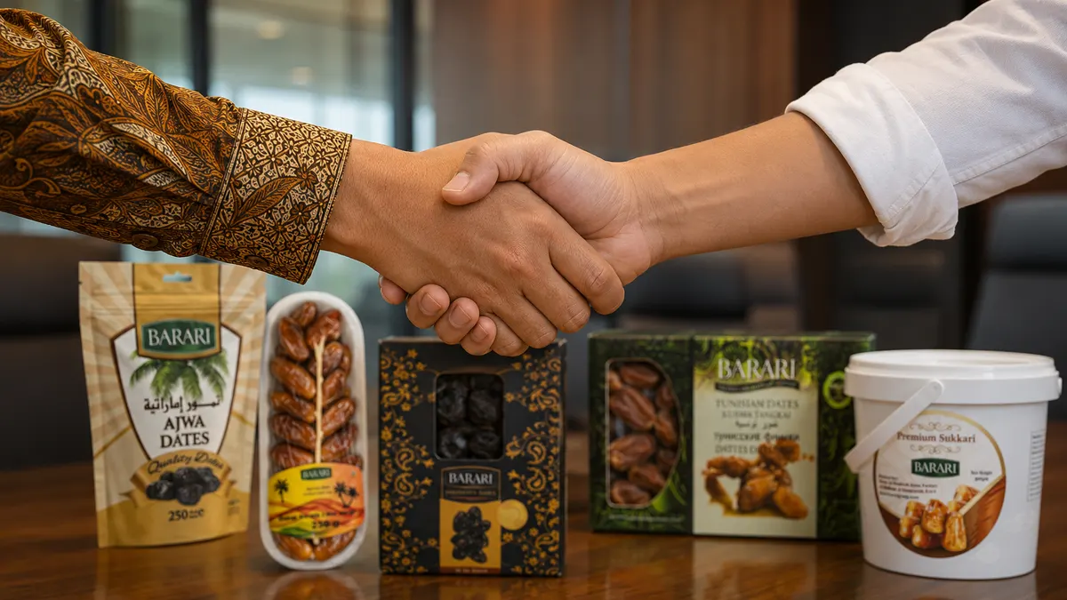 Jabat tangan kesepakatan kemitraan dengan deretan produk kurma Barari di depannya