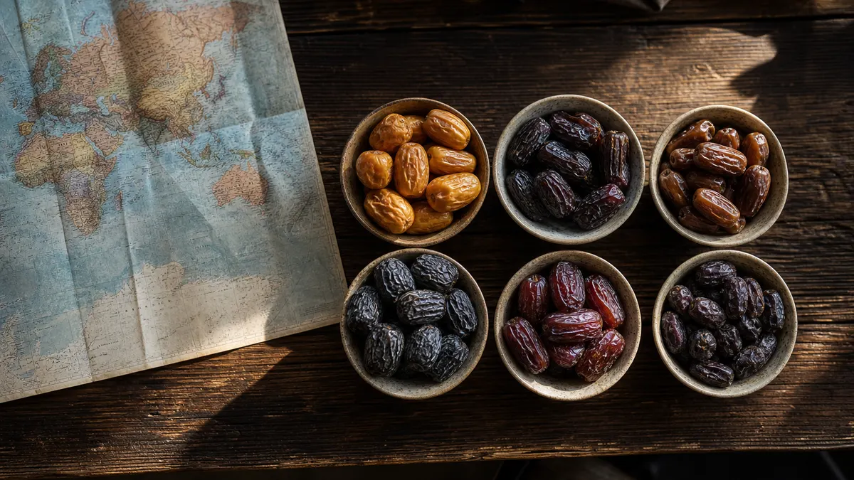 Six small bowls of different date varieties lined up on a dark wooden table