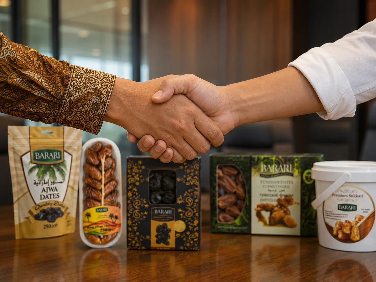 A partnership handshake at a meeting table with a lineup of Barari date products