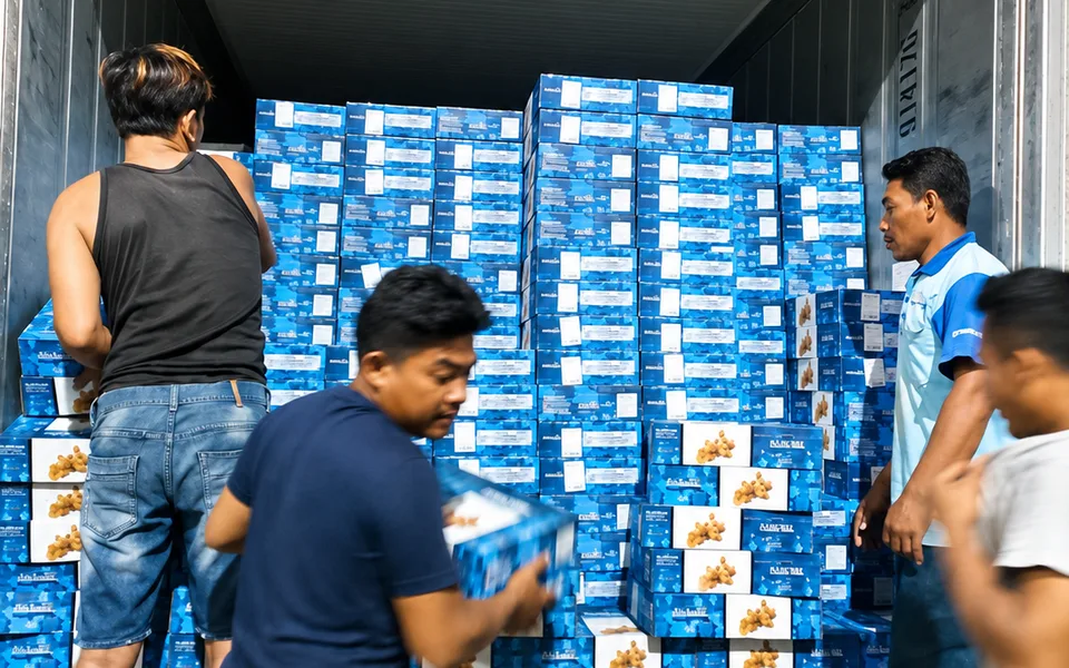 Warehouse team unloading cartons of dates from a container for regional distribution