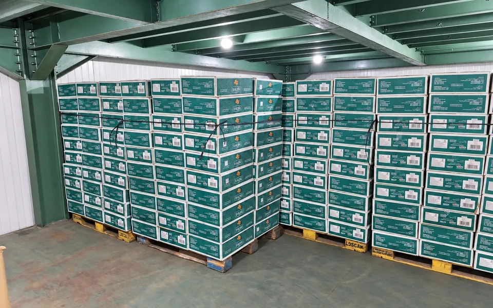 Pallets of Kurma Barari cartons in the SMJL Jakarta warehouse